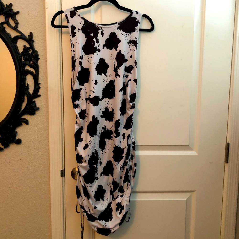 Ruched Drawstring Side Cow Print Dress